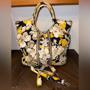 Vera Bradley Floral Quilted Satchel Tote Bag Yellow Navy White w/ Crossbody